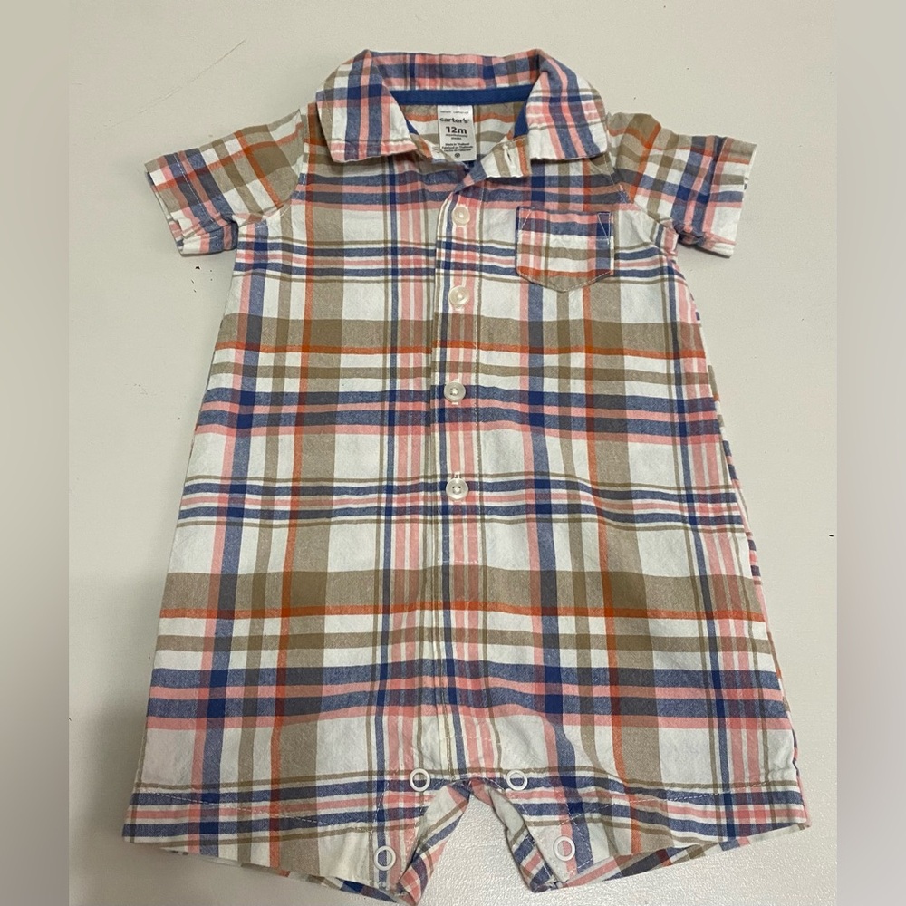 Carter's Plaid Jumpsuit - Blue,Tan